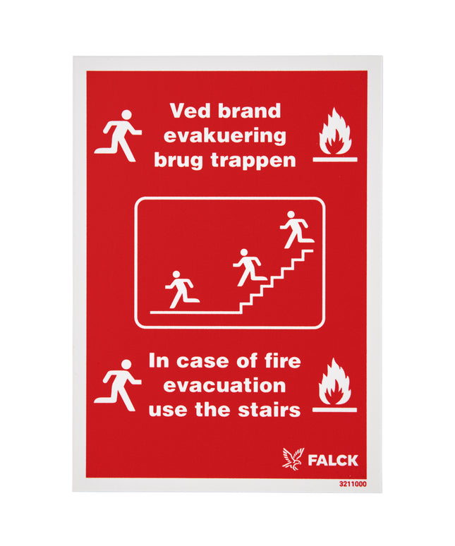 Skilt v. brand/evakuering. Str. 105x148 mm, med dk/uk tekst