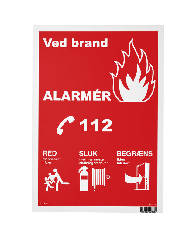 Skilt ved brand alarmér 112. Str. 210x297 mm