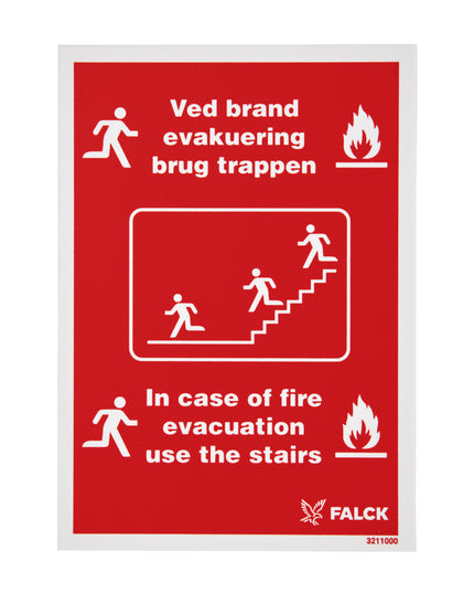 Skilt v. brand/evakuering. Str. 105x148 mm, med dk/uk tekst