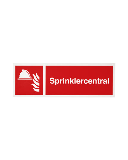Skilt sprinklercentral. Str. 148x420 mm, mat