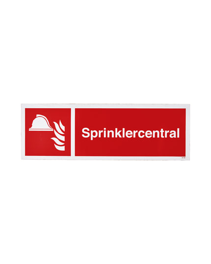 Skilt sprinklercentral. Str. 148x420 mm, mat