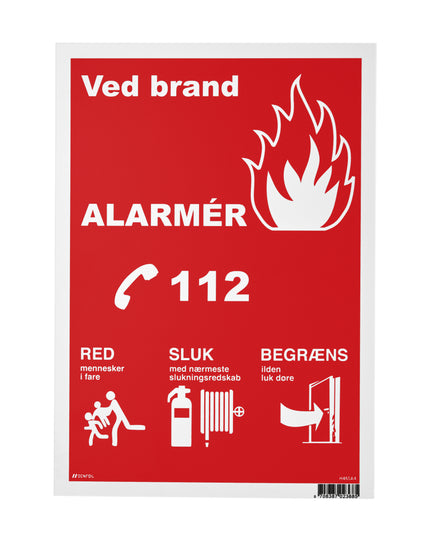 Skilt ved brand alarmér 112. Str. 210x297 mm