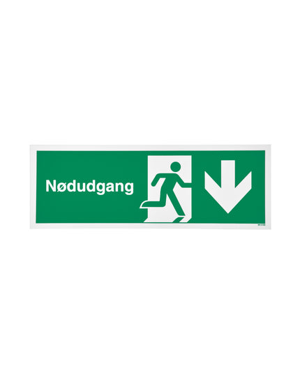 Skilt "Nødudgang". Efterlysende med pil ned 105x297 mm